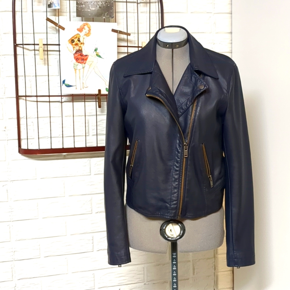 Anthropologie navy blue faux vegan leather moto jacket Small